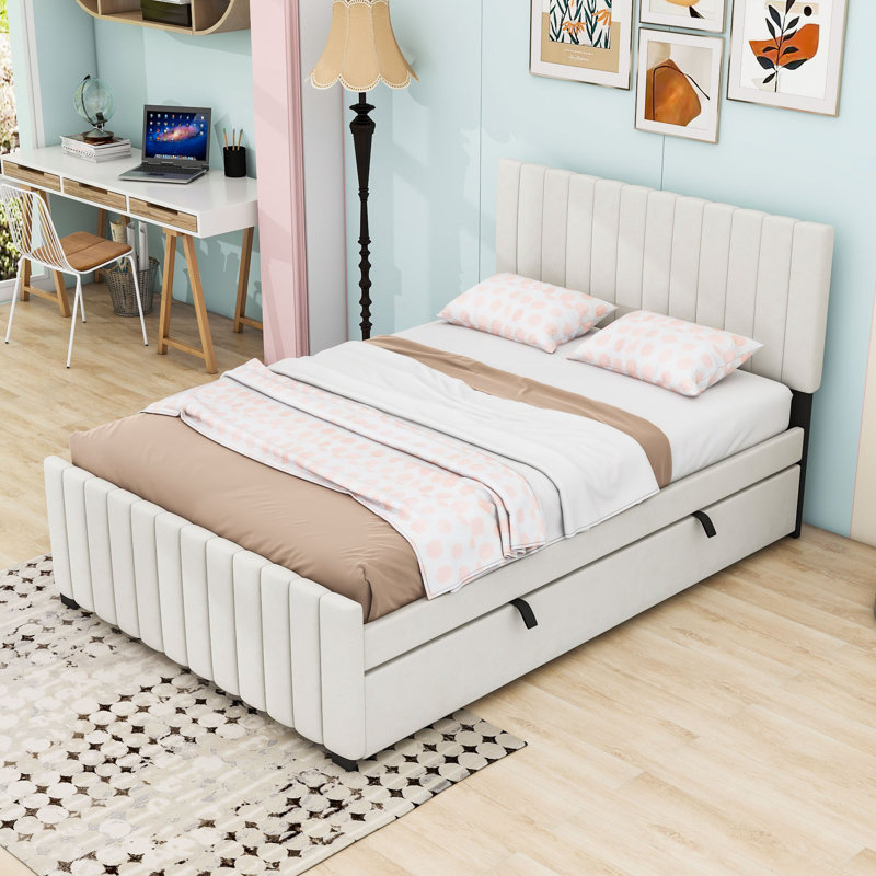 Elegant Velvet Upholstered Bed with Twin Trundle, Beige, Full