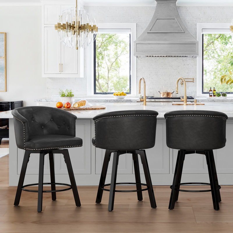 Swivel Upholstered Counter Stool With Metal Frame, Black