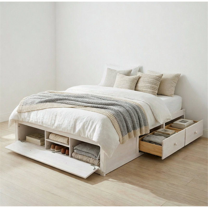 Platform Bed Frame With 4 Storage Drawers And Footboard Storage, White