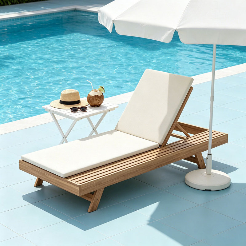 Lounge Chaise Set, Space Available On One Side, Acacia Wood With Water-Resistant Lounge Cushions (2 Inch Thick), Cream