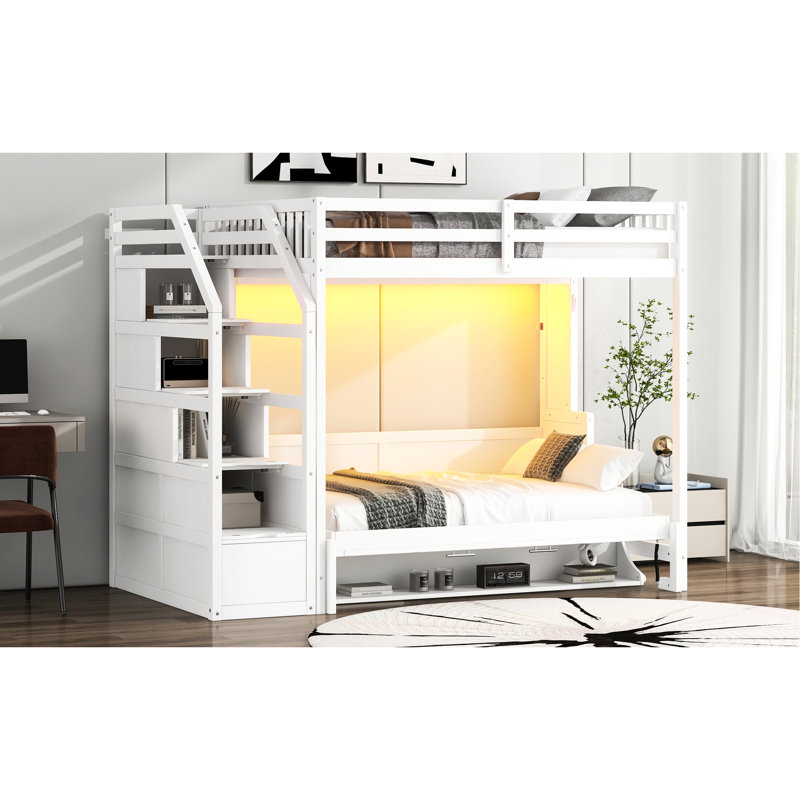 Full Xl White Loft Bed With Functional Storage Staircase, Bed, Led , And Pine & Structure Featuring Foldable High - Capacity