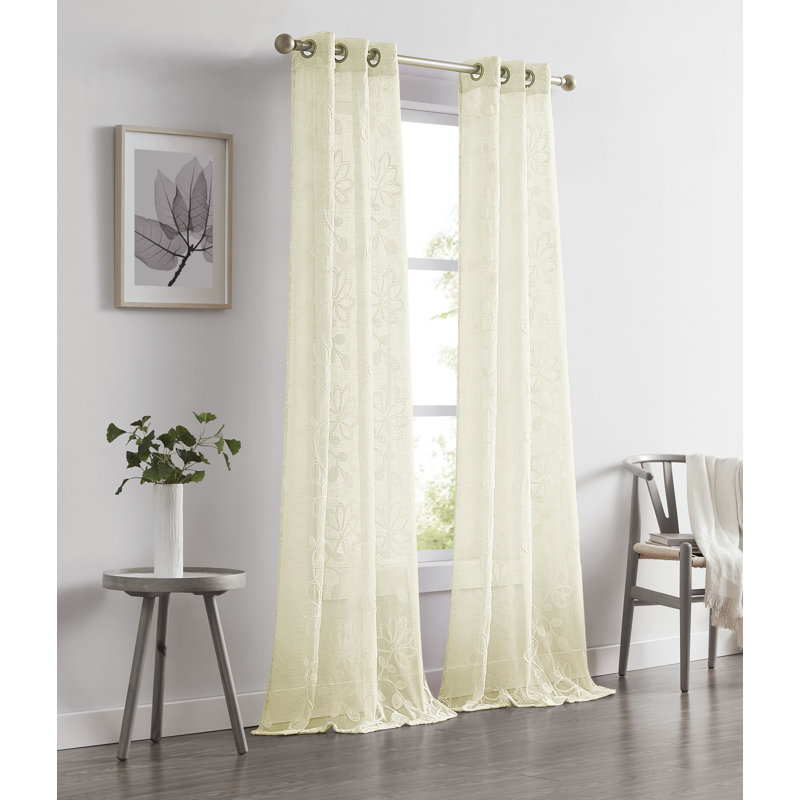Carcassonne Floral Embroidered Sheer Curtain Panels, 38" W x 84" L, Linen