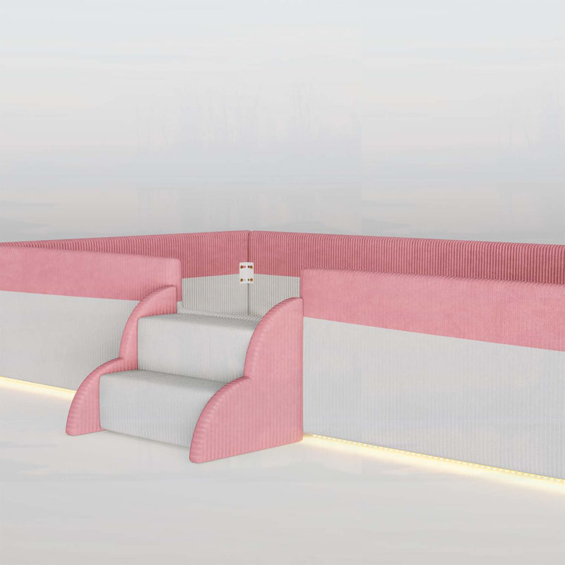 Lit simple tapissier avec clôture, 2 marches et lumières DEL intelligentes, rose et blanc