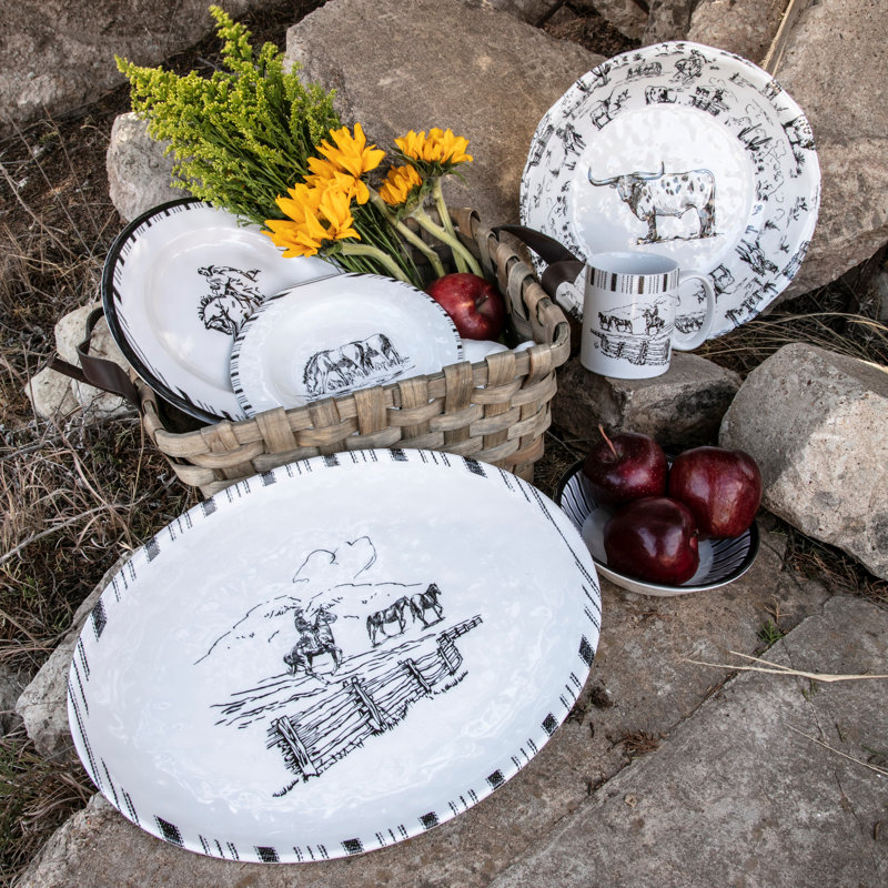 Ranch Life Black and White Melamine Western Dinnerware Set