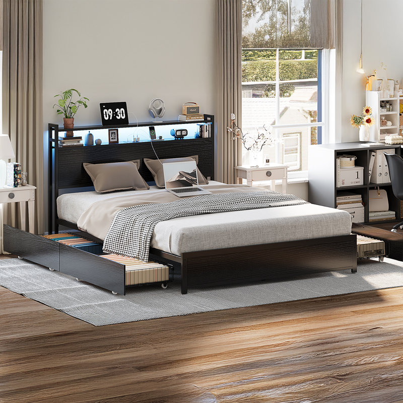 Bed Frame With 2-Tier Storage Headboard, Metal Platform Bed Frame With 4 Storage Drawers, Built In Charging Station And LED, Metal Support/No Box Spring Needed, Black