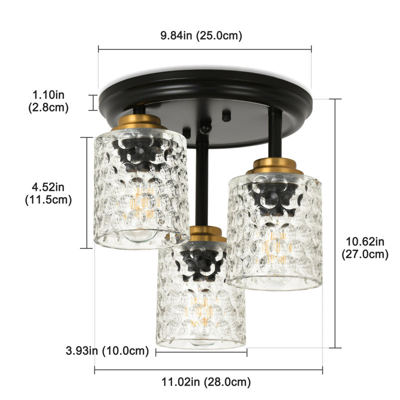 3-light Glass Black Semi Flush Mount