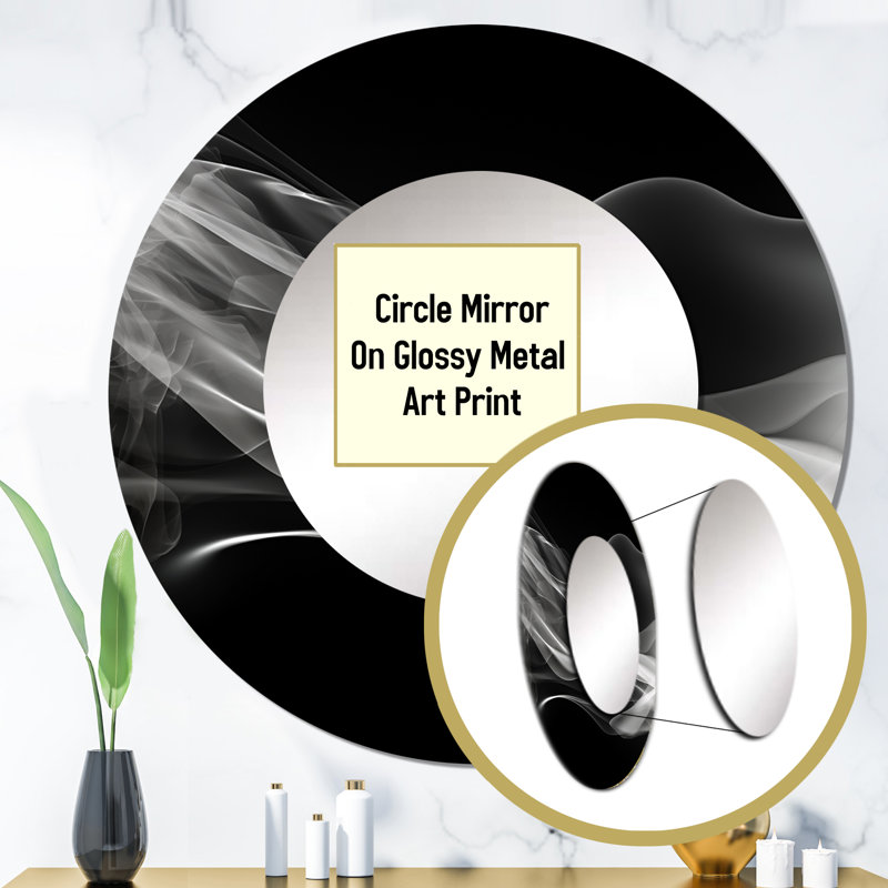 Sihveri Black White Contemplative Abstraction I - Waves Decorative Mirror, Modern Large Round Wall Mirror, Printed Metal Art