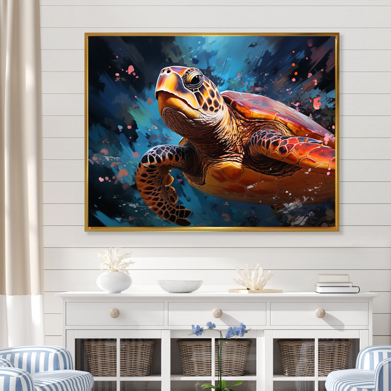 Tortue sereine sous l'eau I, Cadre flottant doré, H 30 po x l 40 po