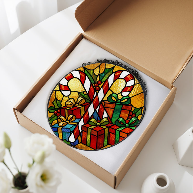12"H Christmas Candy Stained Glass Window Panel