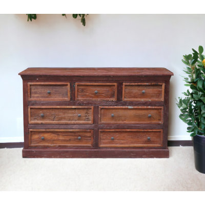 64" Brown Distressed Solid Wood Seven Drawer Double Dresser
