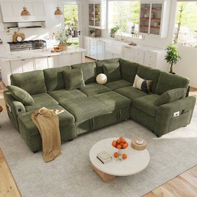 George 106"  Upholstered Corduroy L Shaped  Modular Sectional Sleeper Sofa with Pull Out Bed and Storage Ottoman