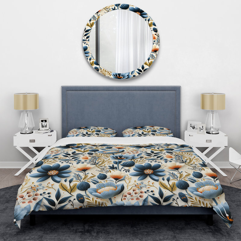Ensemble de housse de couette à motif floral rétro bleu et orange, Housse de couette simple + 1 taie décorative stan