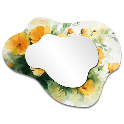 Petunias Gardens Glory In Greens And Yellow Tones - Petunias Irregular Asymmetrical Mirror, Traditional Wall Mirror, Printed on Metal