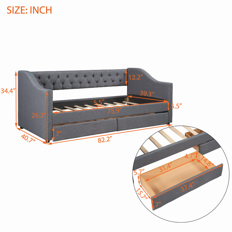 Stylish Upholstered Daybed with Two Convenient Drawers and Reliable Wood Slat Support System