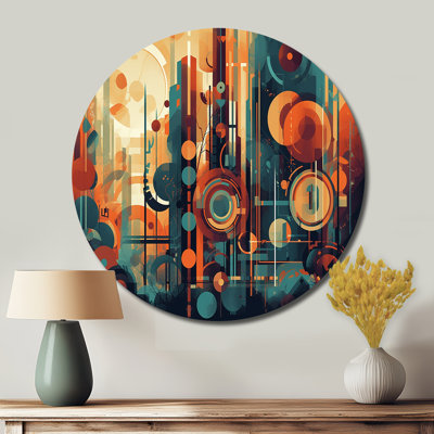 Orange And Blue Abstracted Nostalgia II - Abstract Round Metal Art