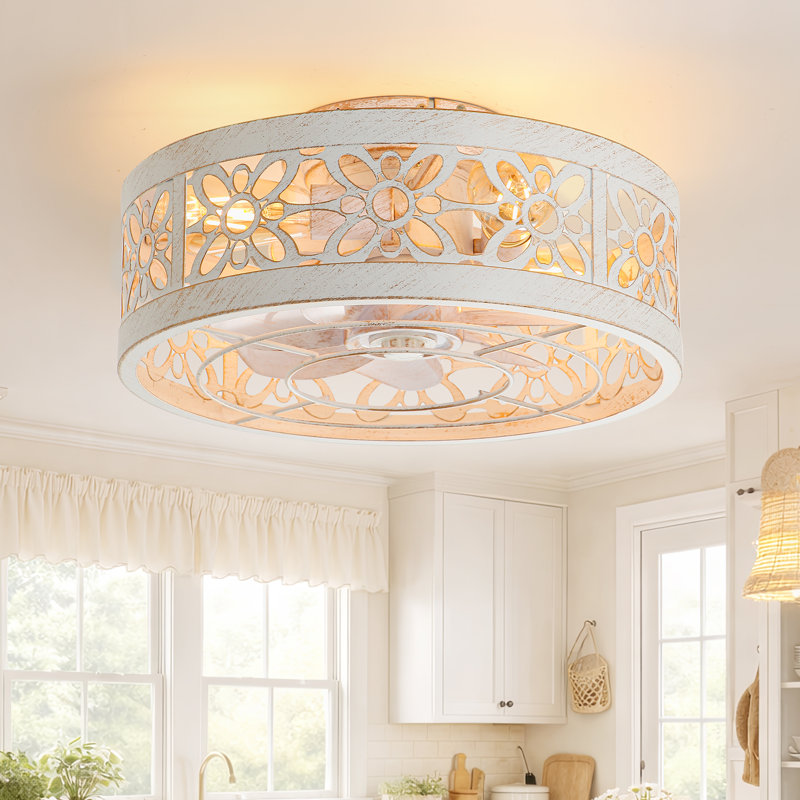 Ventilateur de plafond encastré à cage blanche à 7 pales avec lumière et télécommande Varonique