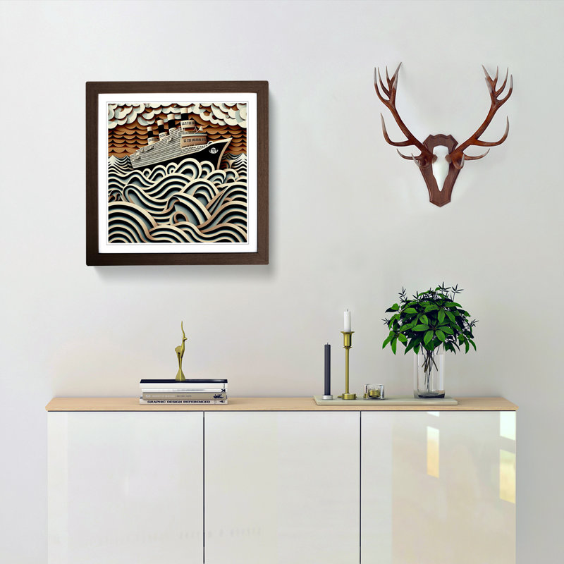 Ship On The Ocean Op - Single Picture Frame Print on Wood, Walnut
