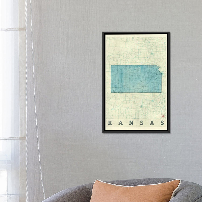 « kansas map », impression sur toile, H 26 po x l 18 po x P 1,5 po, Toile avec cadre noir, Pas de tapis