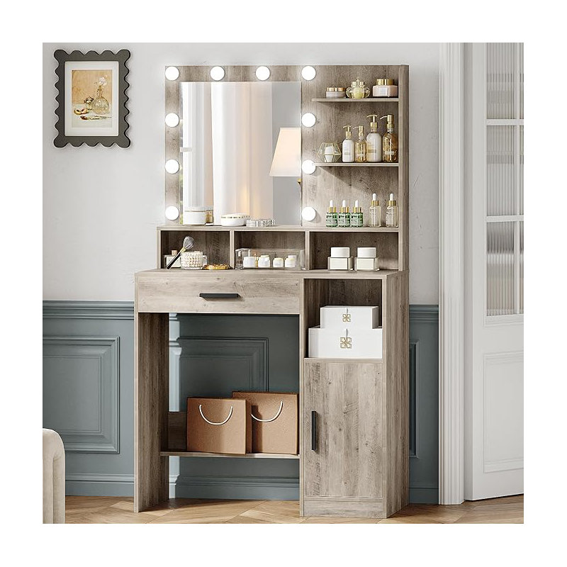 Dressing Table with Mirror and 10 LED Lights, Makeup Vanity with 3 Shelves & 4 Open Compartments, Large Drawer & Cabinet, Adjustable Lighting Brightness