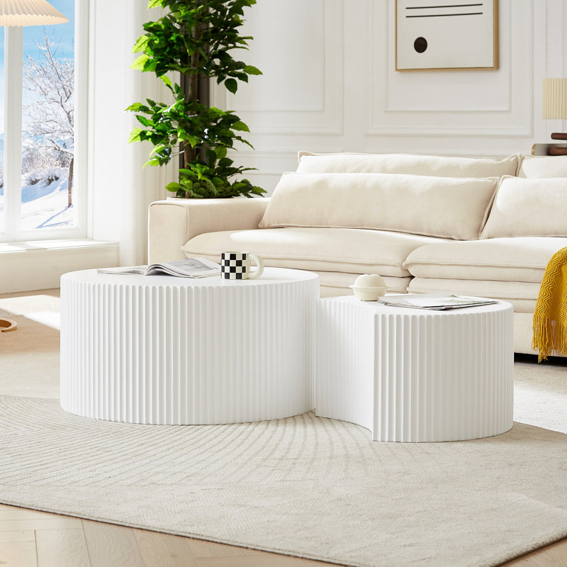 Nesting table set of 2 Round and Half Moon Shapes,No Need Assembly, White