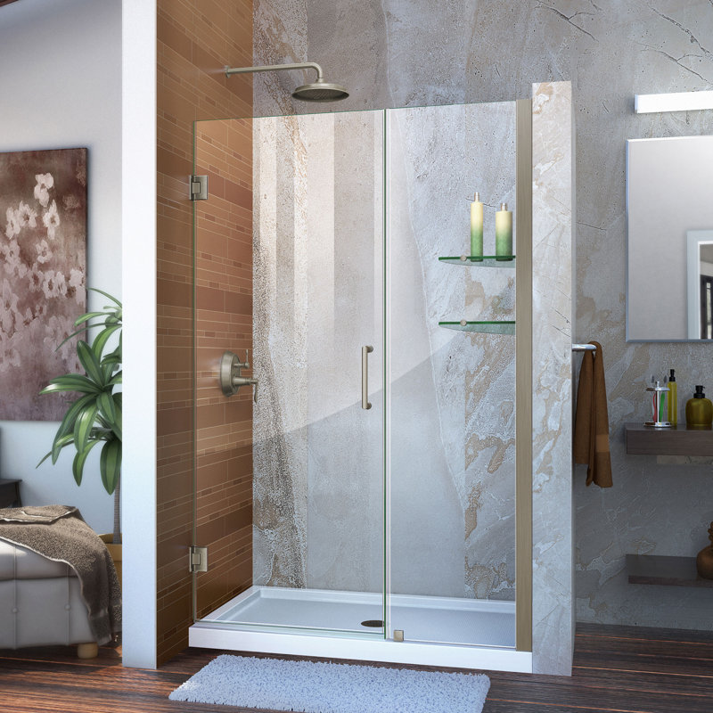 Unidoor 45" W x 72" H Hinged Frameless Shower Door, Brushed Nickel