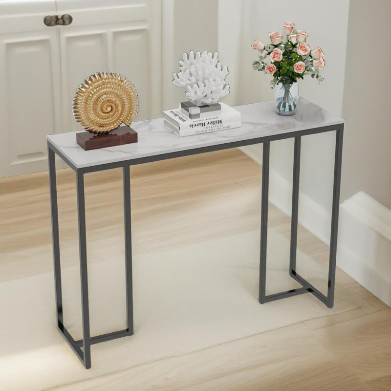 Marble Console Table Hallway Entryway Furniture With 3 Legs White And Black, White/Black