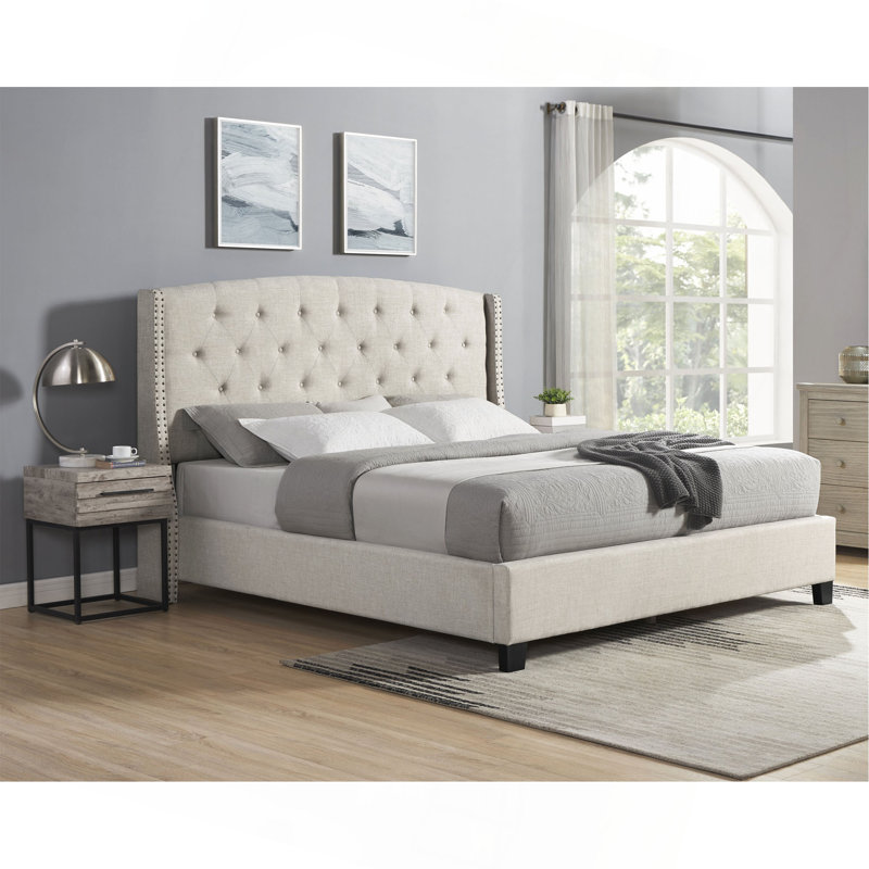 Ensemble de chambre rembourrée 3 pièces Astral, lit à oreilles capitonné avec deux tables de chevet, Gris