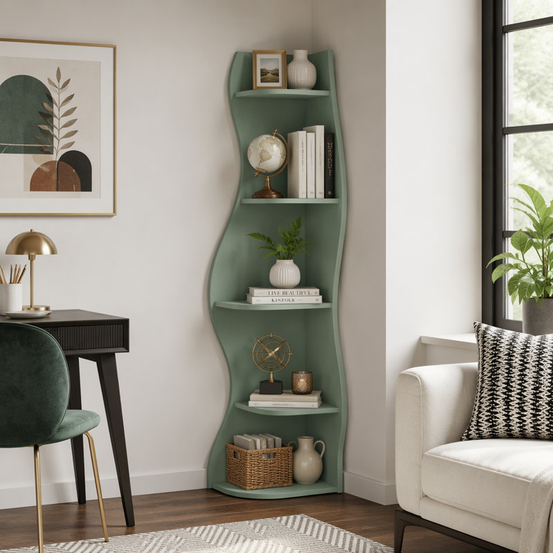 Présentoir de coin courbé autoportant à 5 niveaux en forme de S, rangement compact pour les livres et les plantes dans le salon, la chambre à coucher, la salle de bain et le bureau à domicile