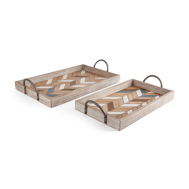 Nordic Rectangular Wood Parquet Trays with Metal Handles, Set of 2