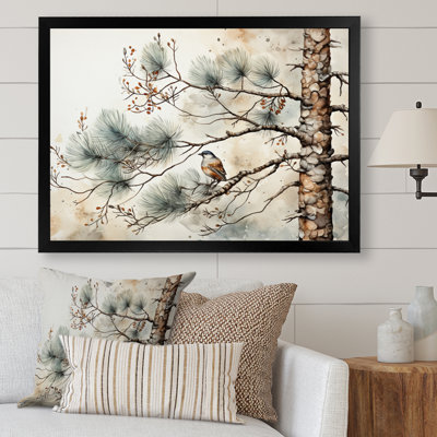 Bird On Pine Tree II Framed On Canvas Print