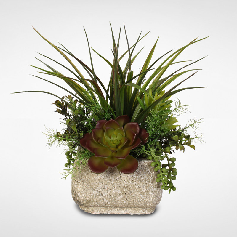 Green and Dark Brown Silk Succulent Arrangement in Stone Pot