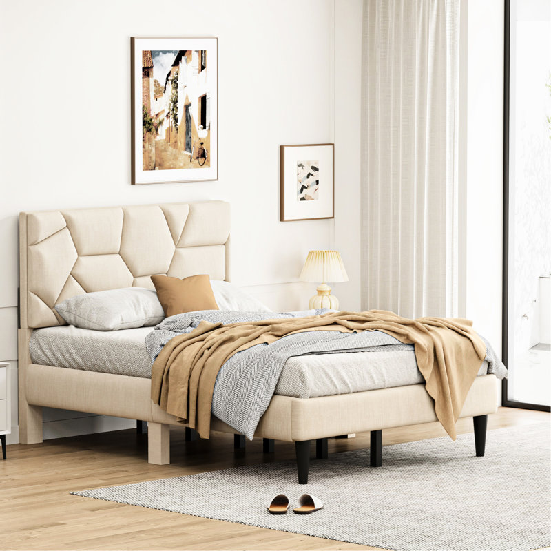 Structure de lit double beige avec rangement - Robuste, silencieuse, sans sommier, tête de lit en lin utilisateur et lit double stable et polyvalent