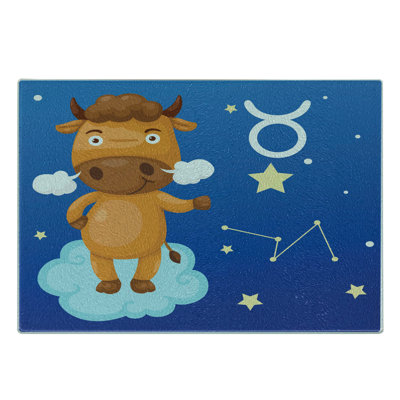 Ambesonne Zodiac Taurus Tempered Glass Cutting Board Bull on a Cloud Multicolor