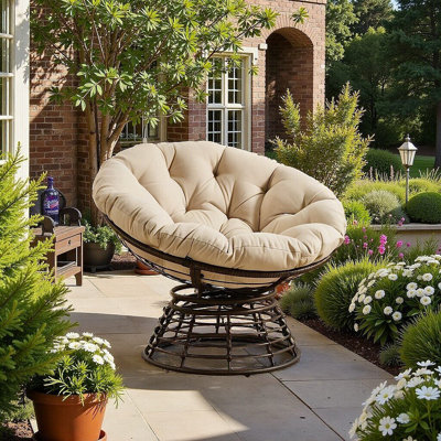 Ergonomic Wicker Papasan Chair With Thick Cushion, 360° Swivel, Indoor Outdoor Use