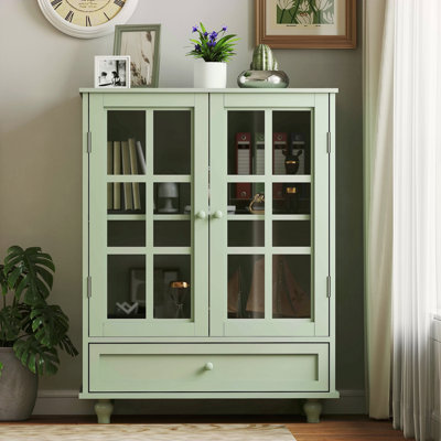 Minimalism Buffet Cabinet With Double Glass Doors And Drawer, Modern Wooden Storage Sideboard Cupboard For Living Room, Dining Room Hallway Entryway