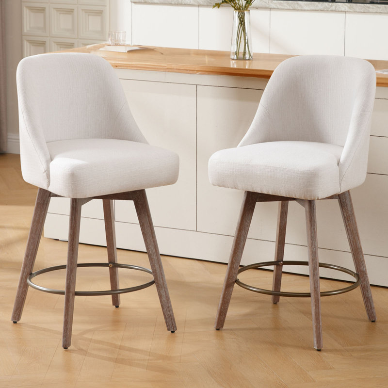 26'' White Upholstered Swivel Counter Stools with Solid Wood Legs