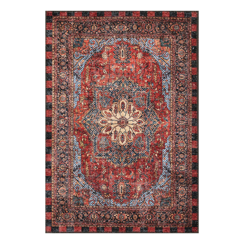 Heriz Checked Red Washable Rug, Rectangle 5' x 7'6"