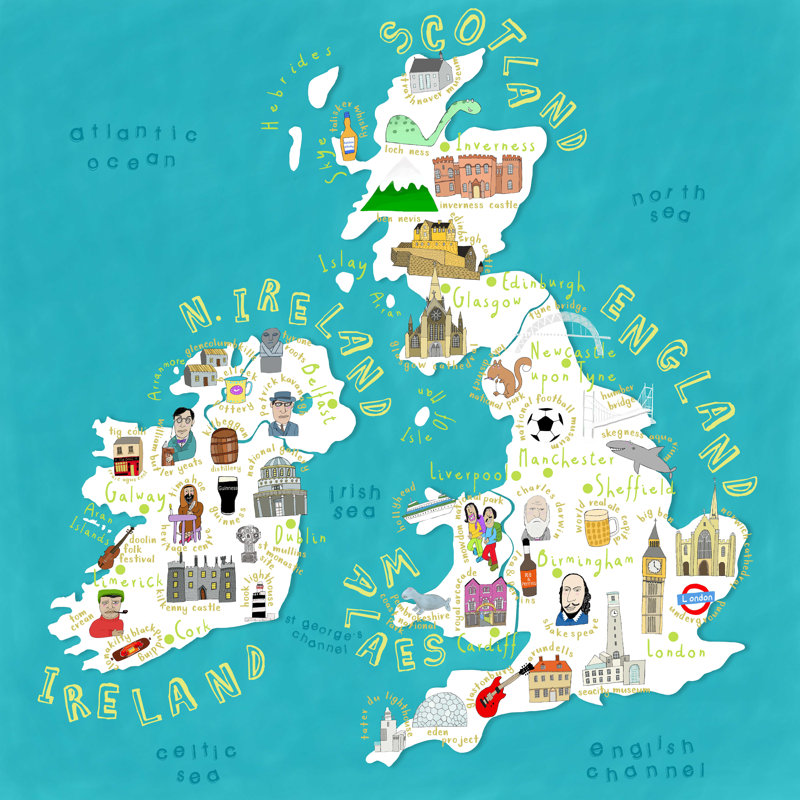 Pays illustrés Royaume-Uni + Irlande, H 12 po x l 12 po