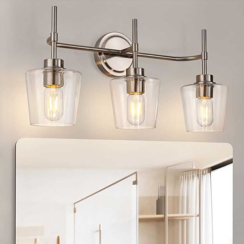 22 po Luminaire de salle de bain 3 lumières en nickel brossé avec abat-jour en verre transparent pour salle de bain, meuble-lavabo ou salle d'eau