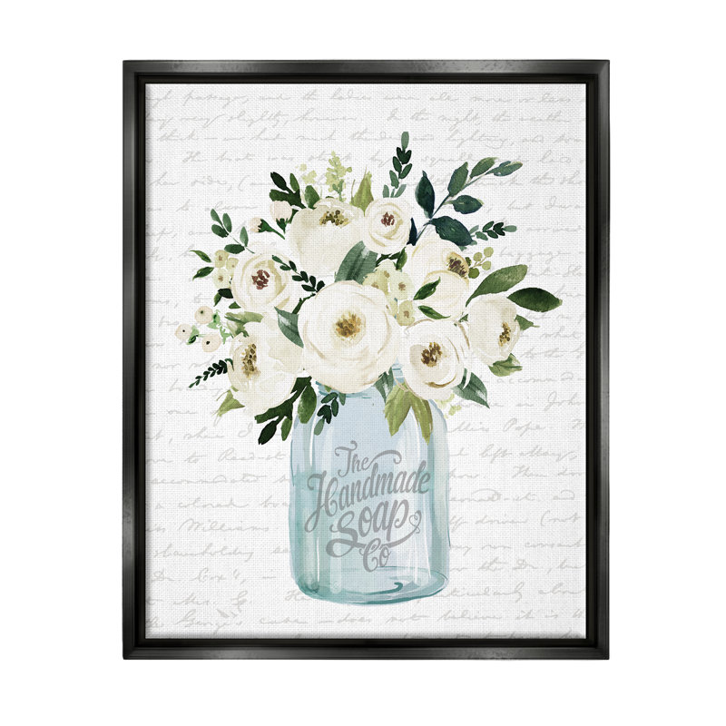 Art floral sur toile blanche avec pot de fleurs classique, Cadre flottant noir de jais, H 21 po x l 17 po x P 1,7 po