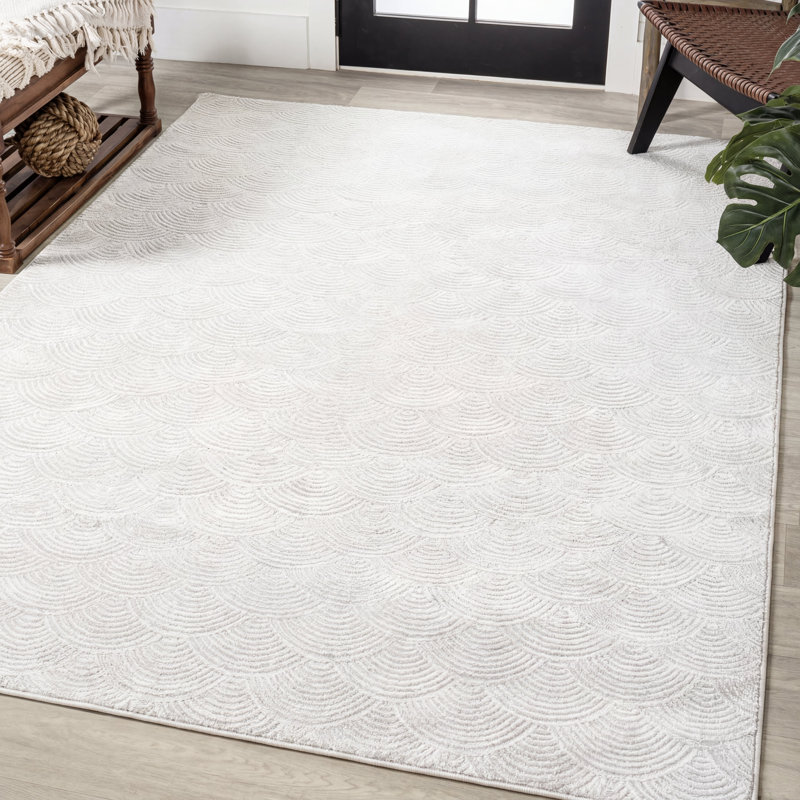 Simsbury Geometric Art Deco Fan Pattern High-Low White/Light Gray Rug, Rectangle 3' x 5'