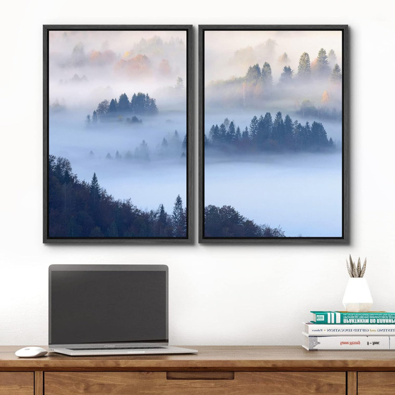 Brume matinale, montagne, vallée, arbres, paysage naturel, photographie, décor, Noir, H 24 po x l 16 po