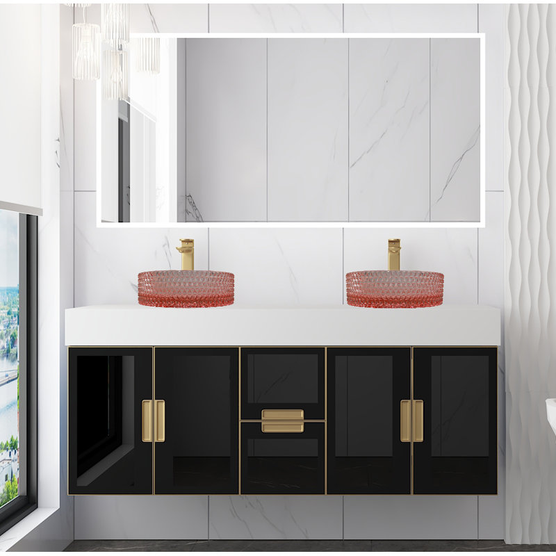 Modern Luxury Wall-mounted Vanity With 60" Solid Surface Top And Round With Rim Glass Vessel Sink, Pink