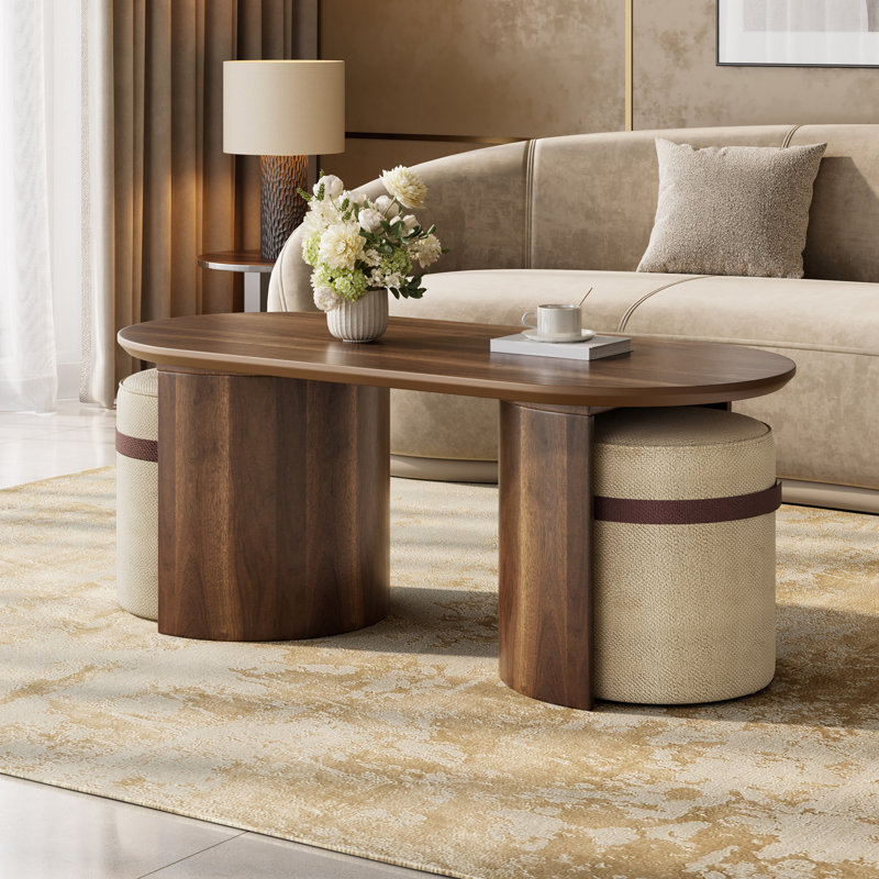 Ensemble table basse ovale en bois avec 2 poufs assortis