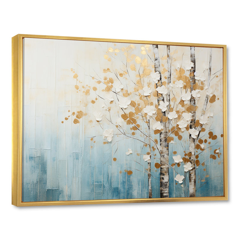Minimalisme bleu et forêt dorée I - art mural forêt, H 30 po x l 40 po x P 1,5 po, Cadre flottant doré