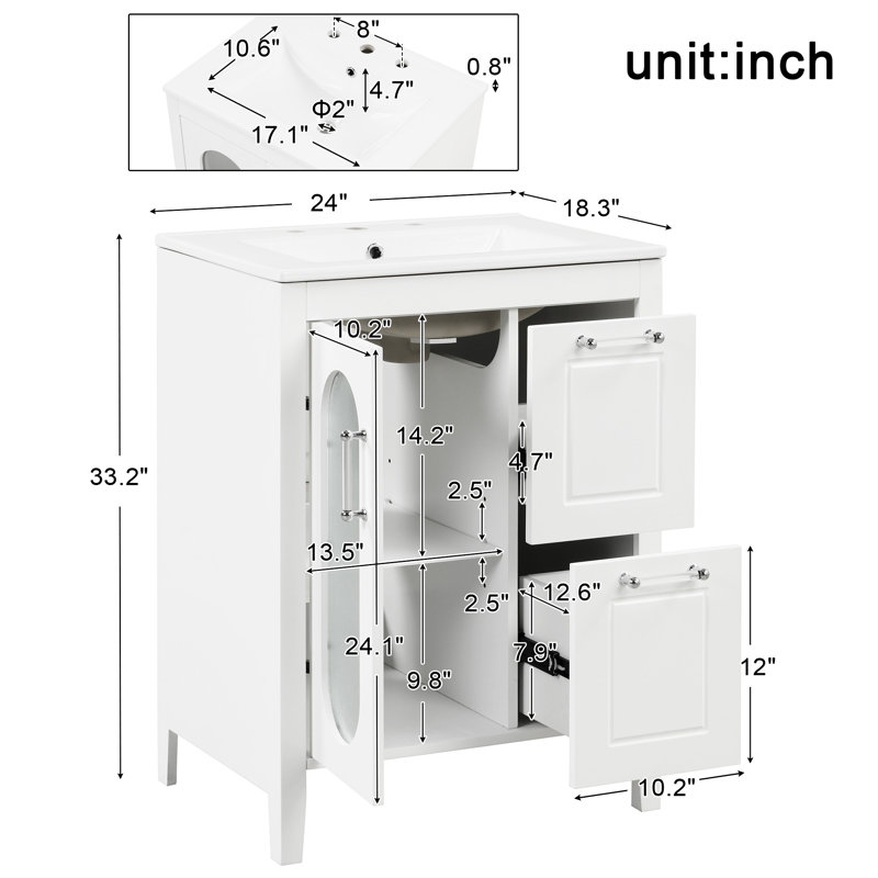 White 24" Freestanding Bathroom Vanity with Glass Door and Storage