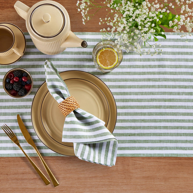 Amalfi Stripe - 100% Pure Linen Table Runner, 36" x 14", Green/White