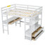 Lit mezzanine double avec bureau intégré, tiroirs et tablettes de rangement, blanc