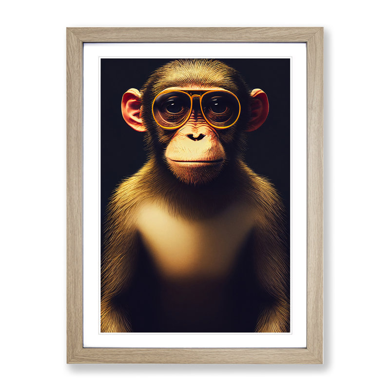 Monkey In Glasses No.3 - Framed Print, 34cm H x 25cm W, Beige