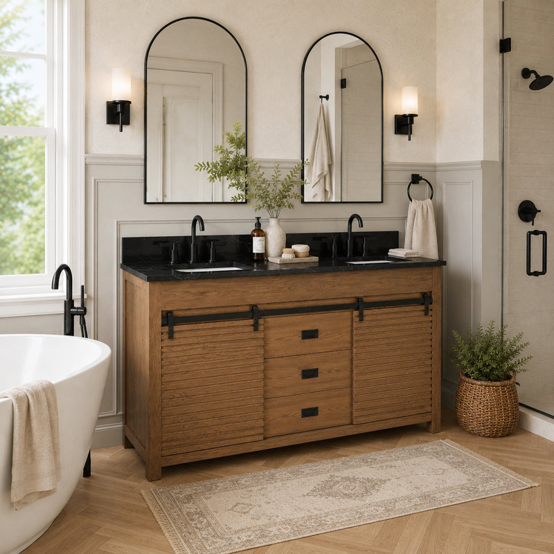 Ensemble de meuble-lavabo autoportant avec porte en grange coulissante 48 po Aldiana